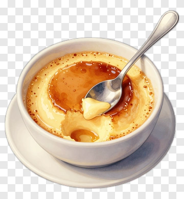Bowl Of Flan With Caramel Sauce And Spoon PNG