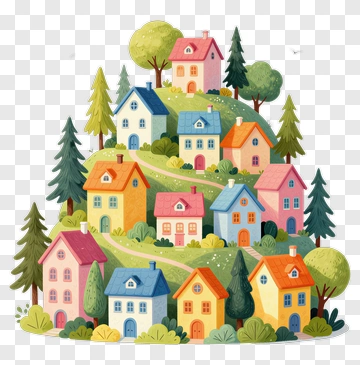Colorful Houses On A Hill PNG