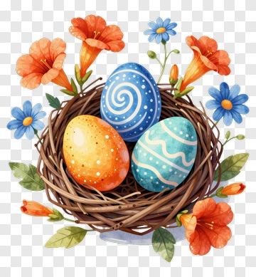 Colorful Easter Eggs In A Nest With Flowers PNG