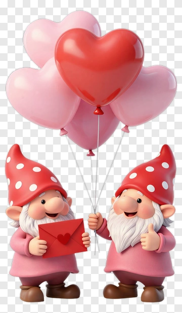 Gnomes Holding Heart Balloons PNG