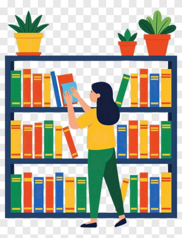 Woman Organizing Books On A Library Shelf PNG