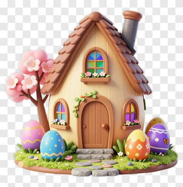Colorful Easter House With Decorative Eggs PNG