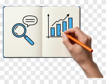 Hand Holding A Pencil On A Notebook With Graph And Magnifying Glass PNG