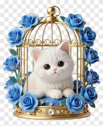 Cute White Cat In A Decorative Birdcage With Blue Roses PNG