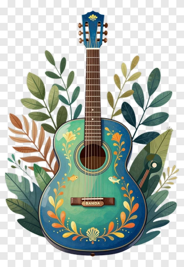 Decorative Acoustic Guitar With Floral Elements PNG