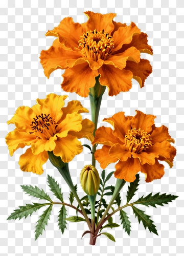 Marigold Flowers With Green Leaves PNG