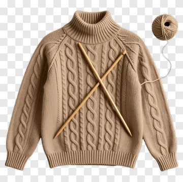 Beige Knitted Sweater With Yarn And Needles PNG