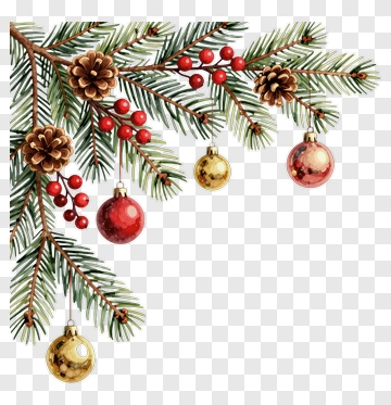 Christmas Evergreen Branch With Ornaments And Pinecones PNG