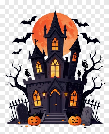 Halloween Haunted House With Pumpkins And Bats PNG