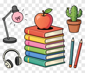 Colorful Stack Of Books With Apple And Desk Lamp PNG