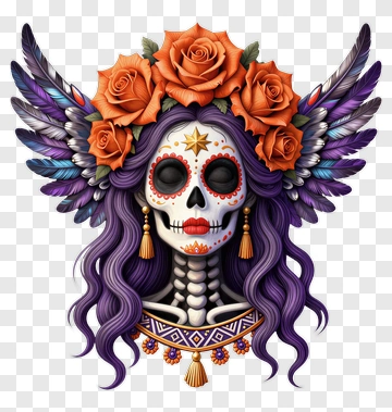 Colorful Sugar Skull With Roses And Feathers PNG