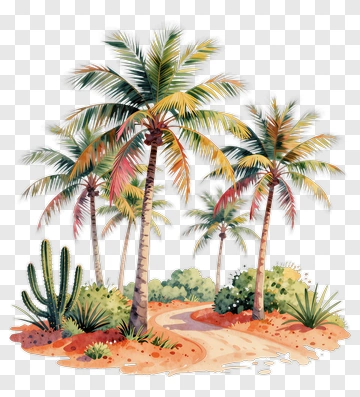 Tropical Landscape With Palm Trees And Cacti PNG