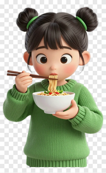 Cartoon Girl Eating Noodles PNG
