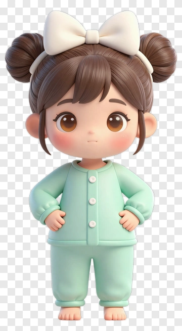 Cartoon Girl In Mint Pajamas With Bow PNG