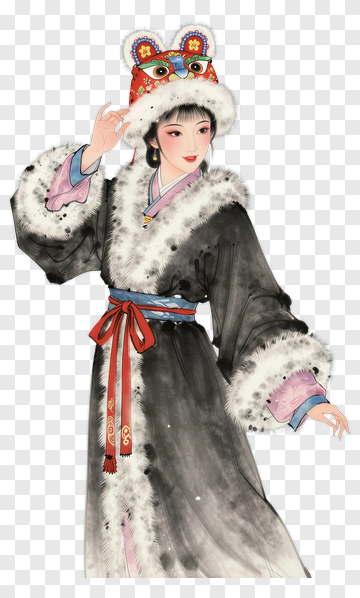 Traditional Woman In Elegant Black Fur Coat PNG