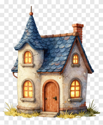 Cartoon House With Blue Roof And Warm Lights PNG