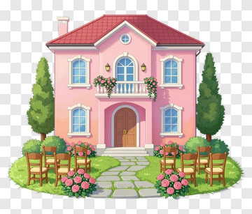 Charming Pink House With Garden And Chairs PNG