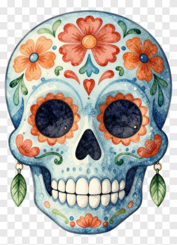 Colorful Sugar Skull With Floral Decorations PNG