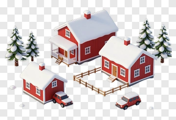 Winter Scene With Red Houses And Snowy Trees PNG