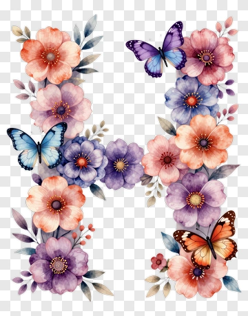 Floral Letter H With Butterflies PNG