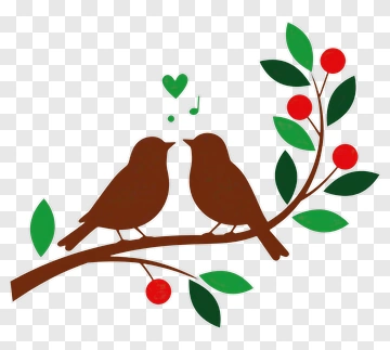 Two Birds Sitting On A Branch With Leaves And Berries PNG