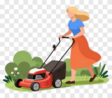 Woman Mowing The Lawn With A Lawnmower PNG