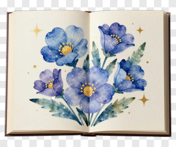 Watercolor Flowers In An Open Book PNG