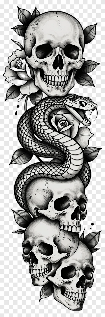 Skulls And Snake With Roses PNG