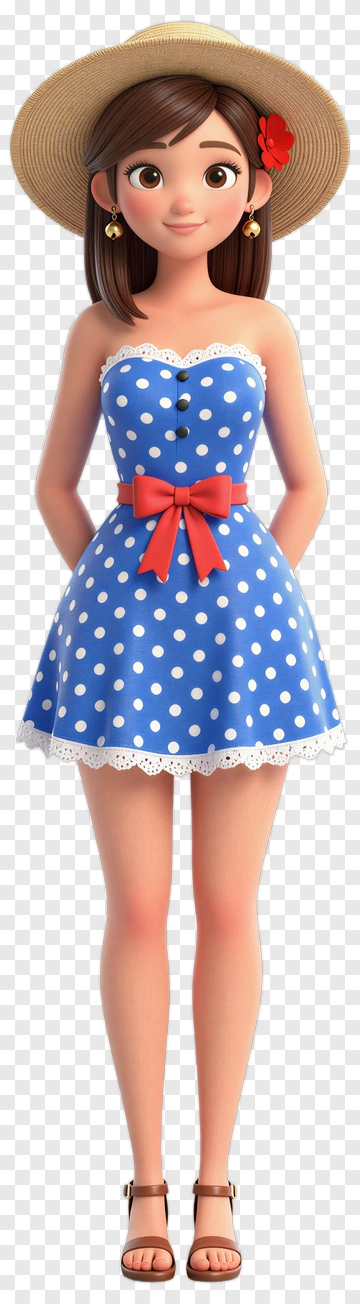 3D Woman In Blue Polka Dot Dress With Hat PNG