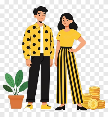 Stylish Couple Standing Beside Money And A Plant PNG