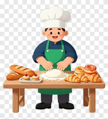 Cartoon Baker Making Bread And Pastries PNG