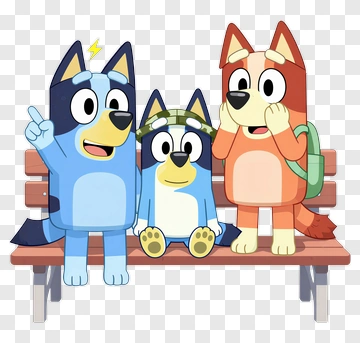 Cartoon Blue Dog Family Sitting On A Bench PNG