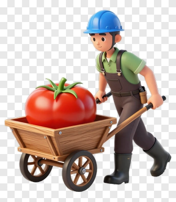 3D Farmer Pushing A Wheelbarrow With A Tomato PNG