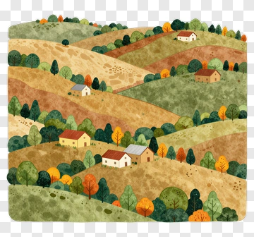 Colorful Countryside Landscape With Houses And Trees PNG