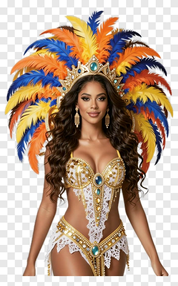 Carnival Dancer In Colorful Feathered Costume PNG