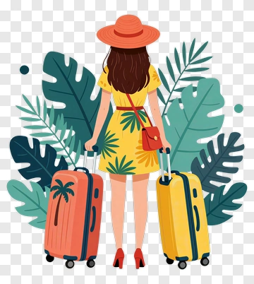 Woman With Luggage Surrounded By Tropical Leaves PNG