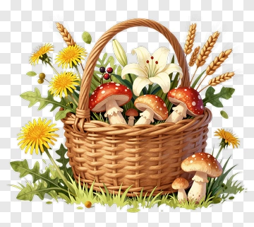 Basket Of Mushrooms And Wildflowers PNG