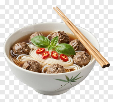 Bowl Of Noodles With Meatballs And Basil PNG