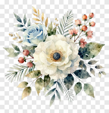 Watercolor Flower Bouquet With Blue Rose And Green Leaves PNG