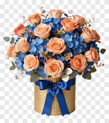 Flower Bouquet With Blue And Peach Roses PNG