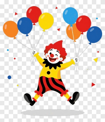 Cartoon Clown Holding Colorful Balloons PNG