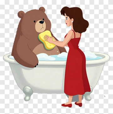 Cartoon Woman Bathing A Bear PNG