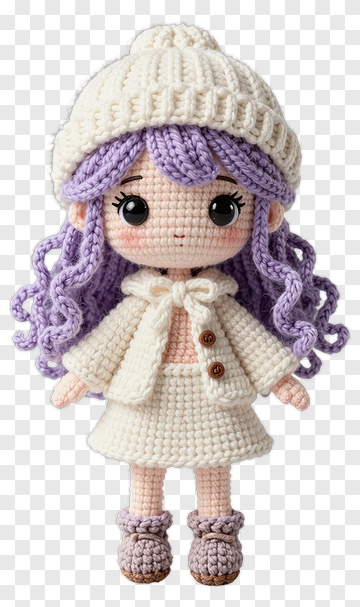 Crochet Doll With Purple Hair And White Outfit PNG