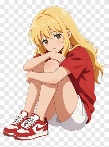 Anime Girl Sitting In A Red Shirt PNG