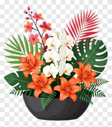Colorful Flower Bouquet In A Black Pot PNG