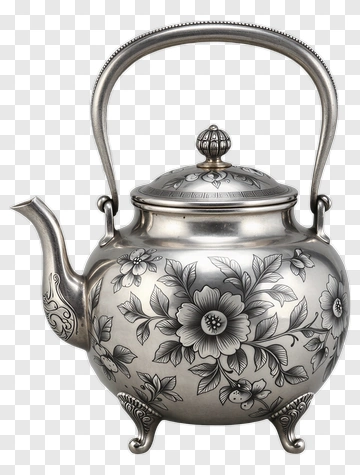 Decorative Silver Teapot With Floral Design PNG