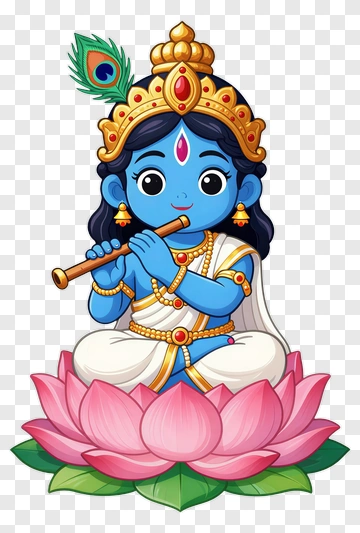 Cartoon Krishna Playing Flute On A Lotus PNG
