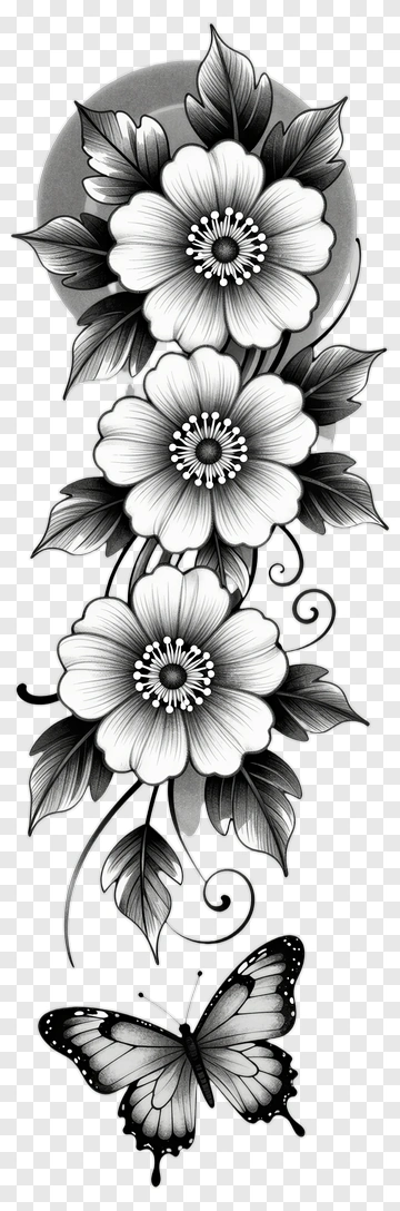 Black And White Floral Design With Butterfly PNG