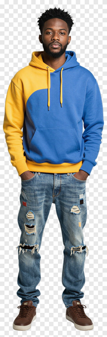 Man Wearing Blue And Yellow Hoodie With Ripped Jeans PNG