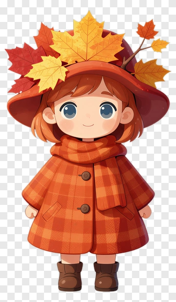 Cartoon Girl In Autumn Outfit With Leaf Hat PNG